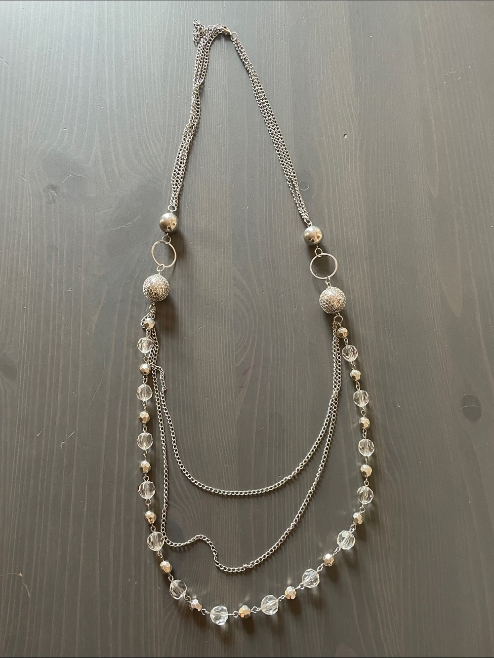 Silver-Tone Layered Bead Necklace - Clear Beads